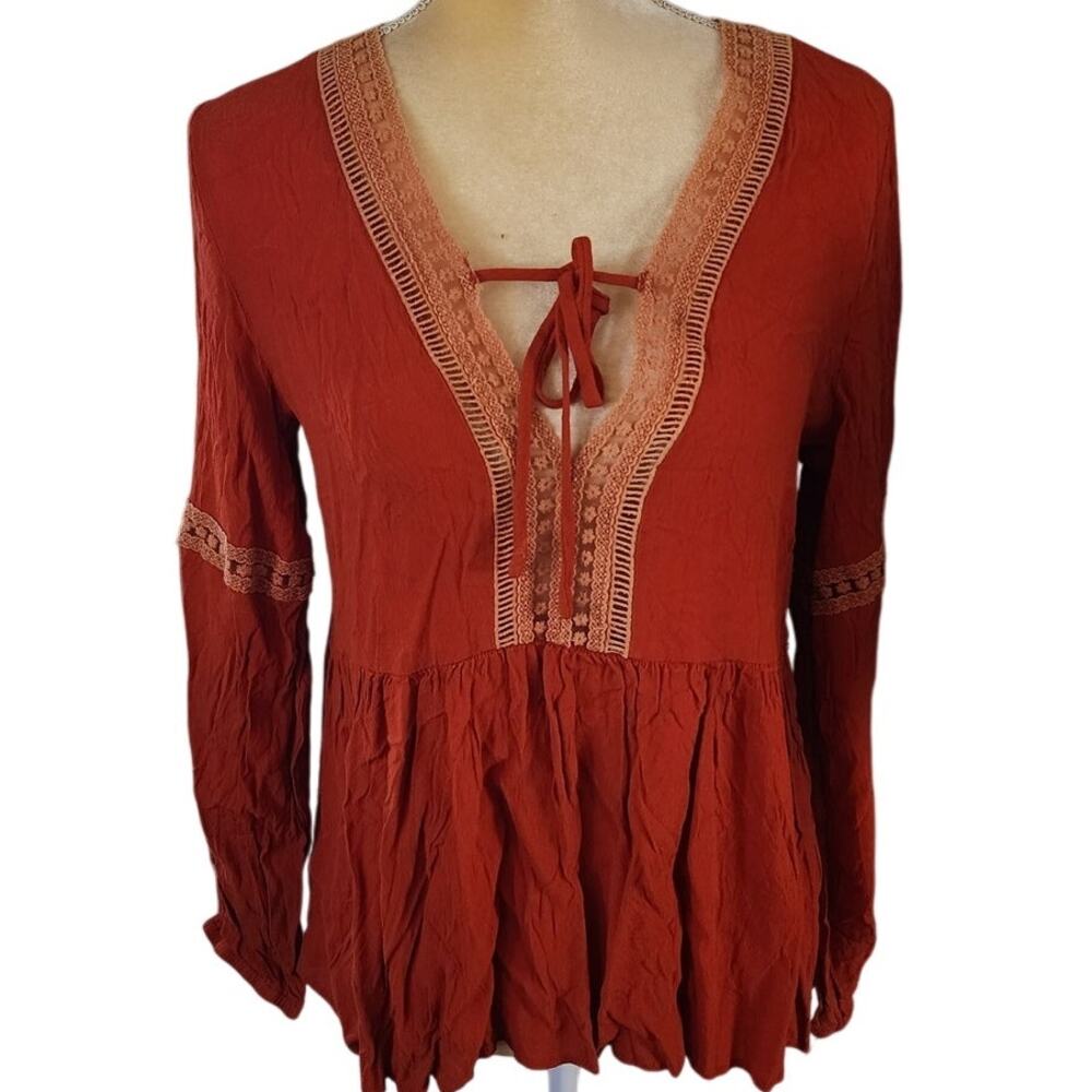 Sadie & Sage Orange Tiered Flowy Festival Lace Trim Tie Front Blouse Size Large